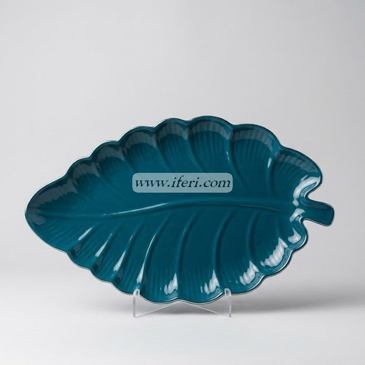 15 Inch Silver Rim Ceramic Leaf Shaped Serving Tray CGA0466