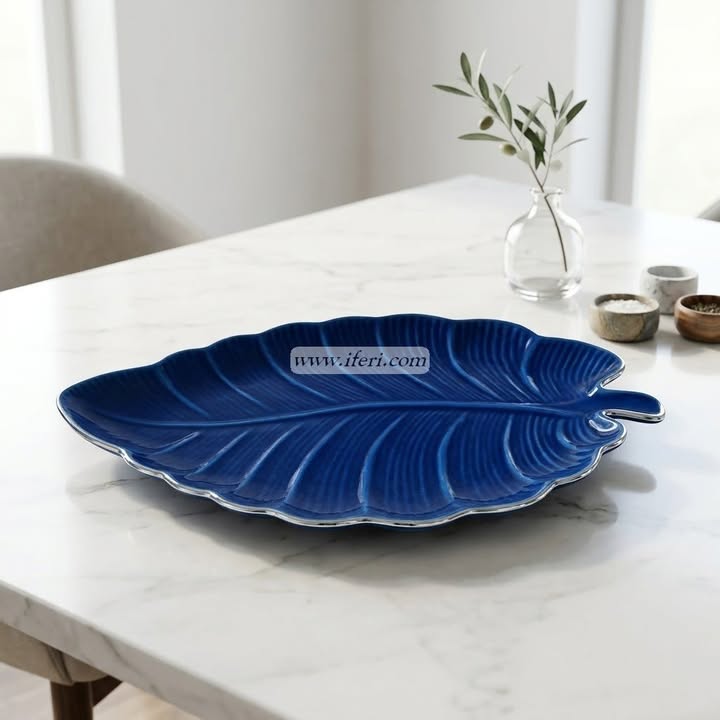 15 Inch Silver Rim Ceramic Leaf Shaped Serving Tray CGA0468