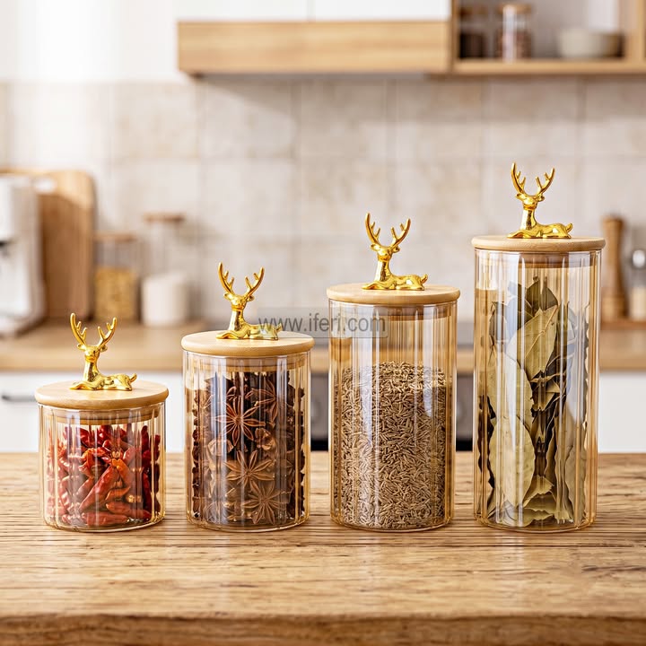 4 Pcs Airtight Glass Cookie Jar / Spice Jar Set with Stand IQ141