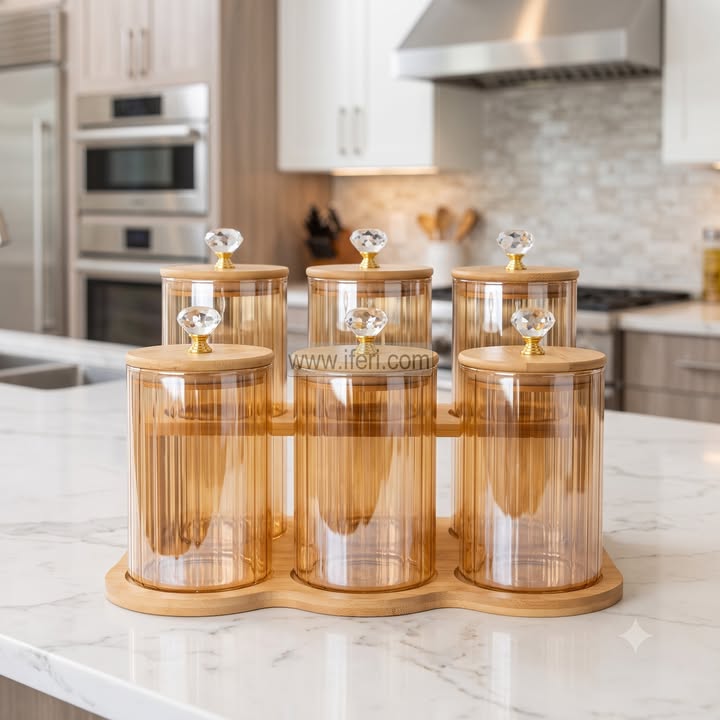 6 Pcs Airtight Glass Cookie Jar / Spice Jar Set with Stand IQ135