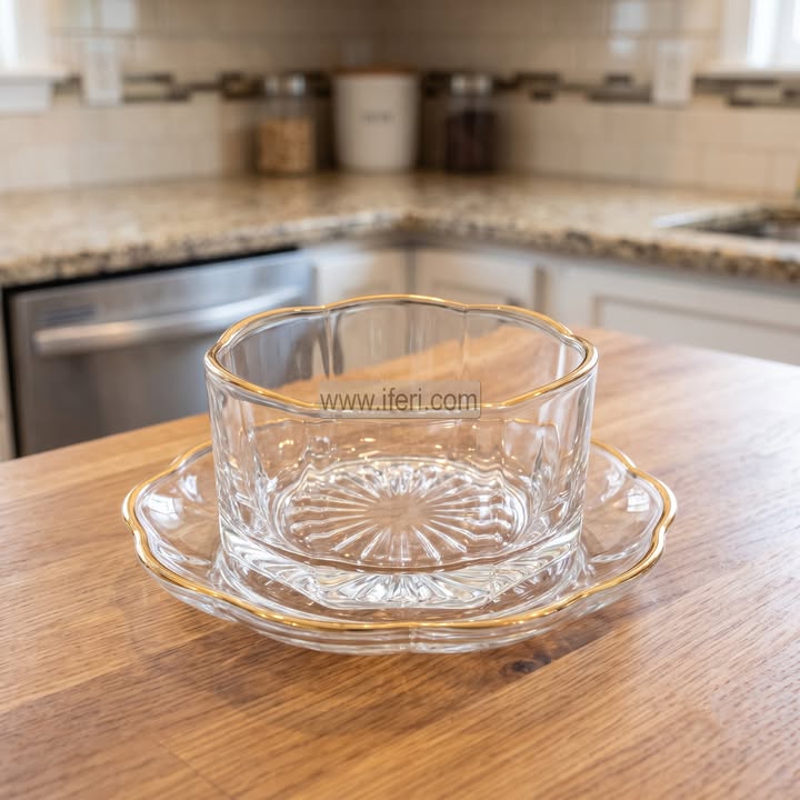 12 Pcs Golden Rim Glass Firni, Dessert, Soup Serving Bowl & Saucer Set BS164