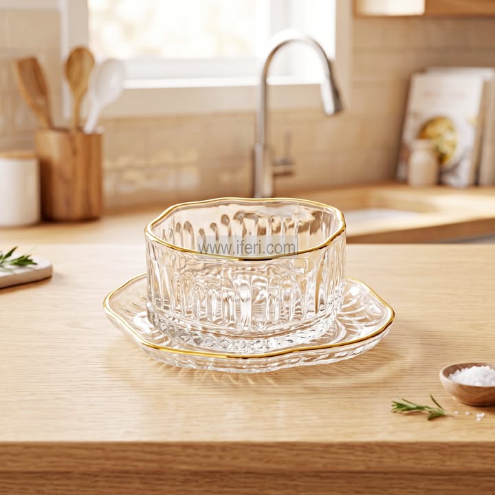 12 Pcs Golden Rim Glass Firni, Dessert, Soup Serving Bowl & Saucer Set BS169