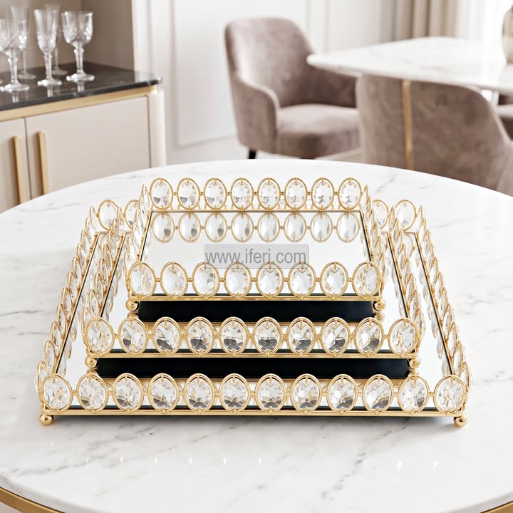 3 Pcs Exclusive Metal Mirror Serving Tray Set IQ150