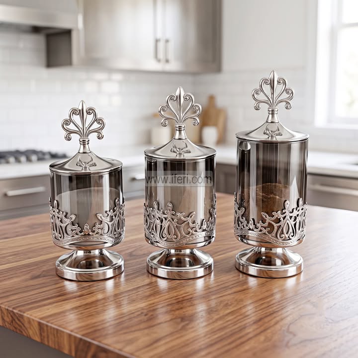 3 Pcs Glass & Metal Decorative Candle Stand Showpiece TZ1231