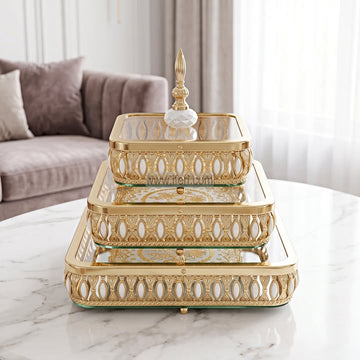3 Pcs Exclusive Metal & Glass Mirror Dry Fruit, Candy Serving Box TZ1228