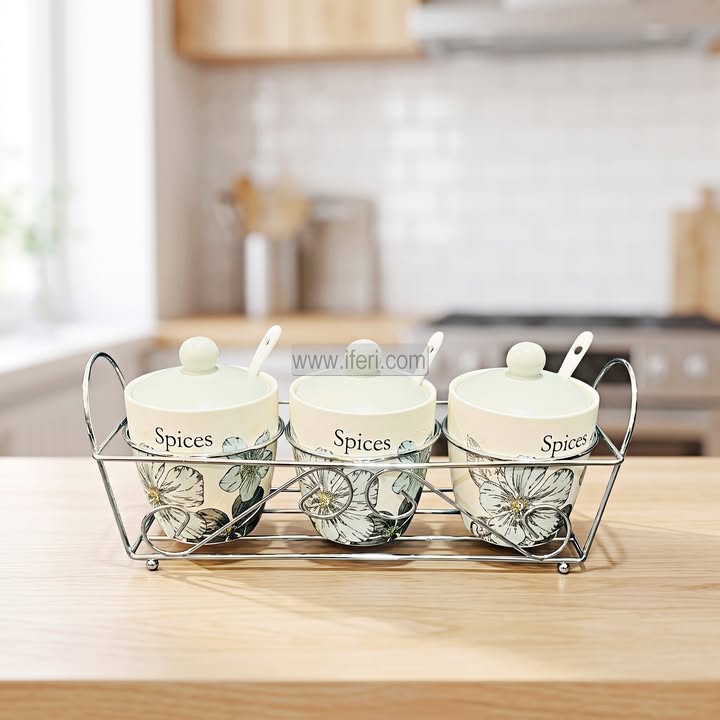 3 Pcs Ceramic Salt & Peeper Pot with Metal Stand TZ1204