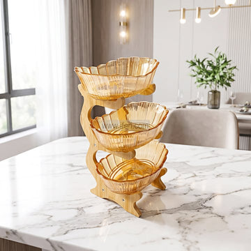 3 Pcs Glass Serving Bowl, Fruit Bowl with Bamboo Stand RY36882