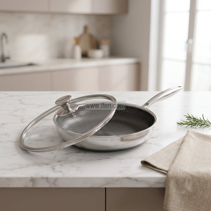 26cm Uncoated Honeycomb Design Stainless Steel Non-Stick Fry Pan with Lid TB1743