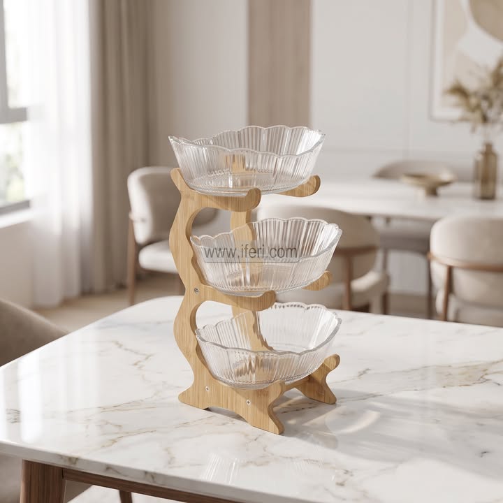 3 Pcs Glass Serving Bowl, Fruit Bowl with Bamboo Stand RY36881