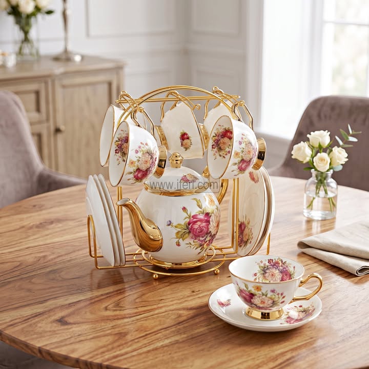 13 Pcs Exclusive Ceramic Tea Pot & Cup Set with Stand RY36894