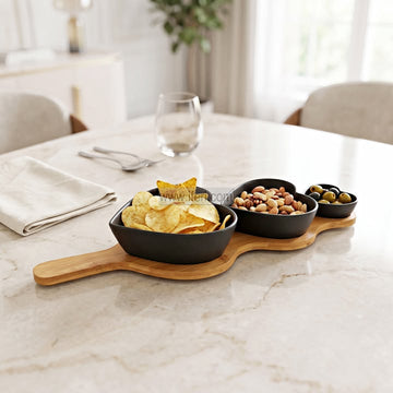 3 Pcs Exclusive Ceramic Serving Dish Bowl Set With Wooden Tray RY36896