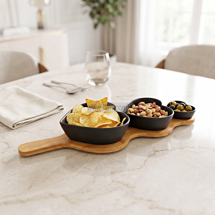 3 Pcs Exclusive Ceramic Serving Dish Bowl Set With Wooden Tray RY36896