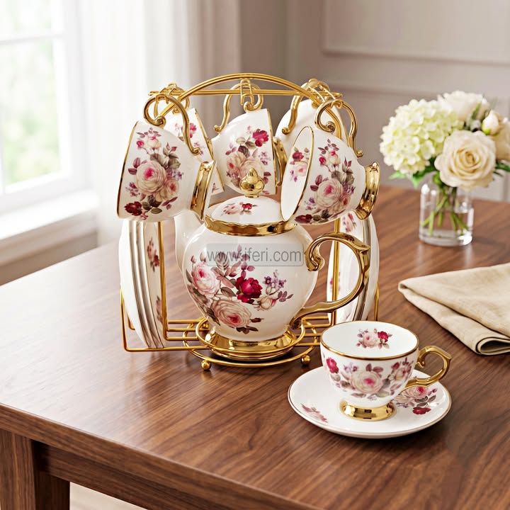 13 Pcs Exclusive Ceramic Tea Pot & Cup Set with Stand RY36895