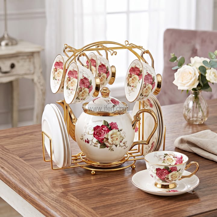 13 Pcs Exclusive Ceramic Tea Pot & Cup Set with Stand RY36893