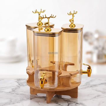 3 Pcs Borosilicate Golden Glass Juice Dispenser with Bamboo Stand HR2572