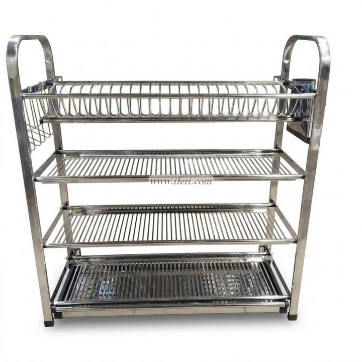 4 Tier 24 Plate Stainless Steel Wall Hanging Dish Drying Storage Rack with Holder OMR