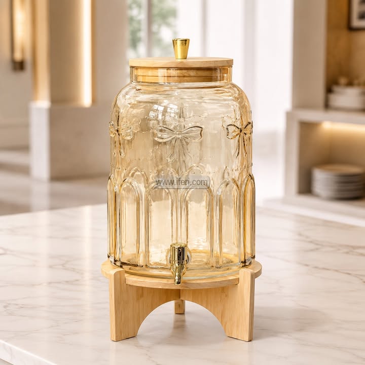 16 Inch Golden Glass Juice Dispenser with Bamboo Stand HR2559