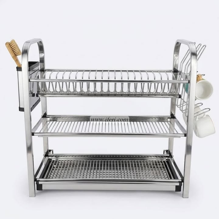 3 Tier 20 Plate Stainless Steel Wall Hanging Dish Drying Storage Rack with Glass & Spoon Holder OMR
