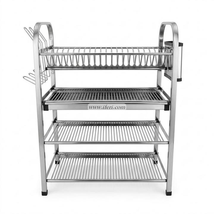 4 Tier 20 Plate Stainless Steel Wall Hanging Dish Drying Storage Rack with Holder OMR