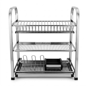 3 Tier 18 Plate Stainless Steel Wall Hanging Dish Drying Storage Rack with Glass & Spoon Holder OMR