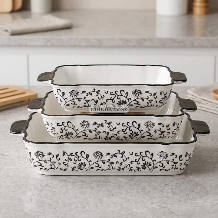 3 Pcs Rectangular Shape Ceramic Casserole Dish OMR2235