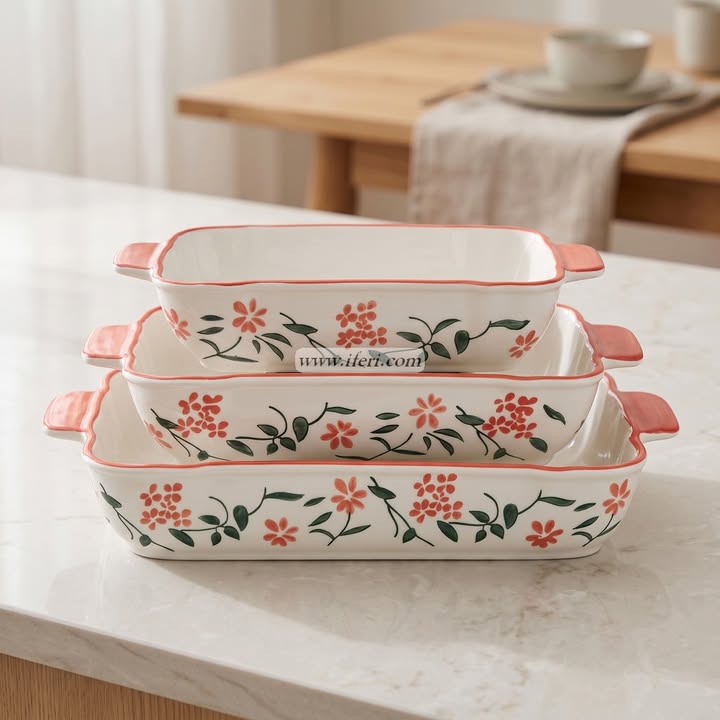 3 Pcs Rectangular Shape Ceramic Casserole Dish OMR2236