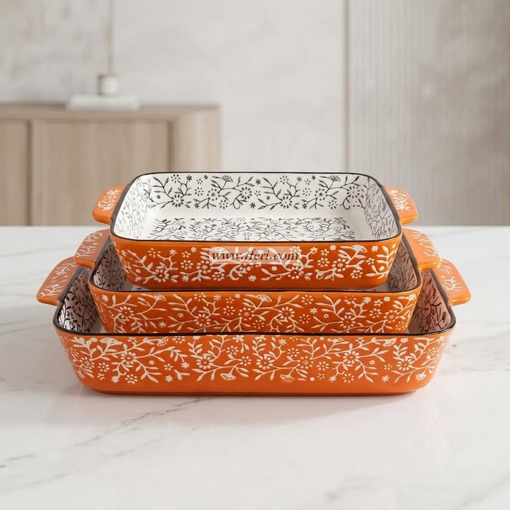 3 Pcs Rectangular Shape Ceramic Casserole Dish OMR2234