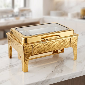 22 Inch Hammered Design Stainless Steel Golden Chafing Dish Food Warmer with Lid AZM038