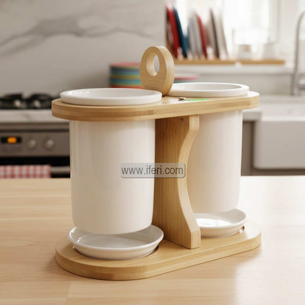 8 Inch Exclusive Ceramic Spoon Holder With Bamboo RY3384