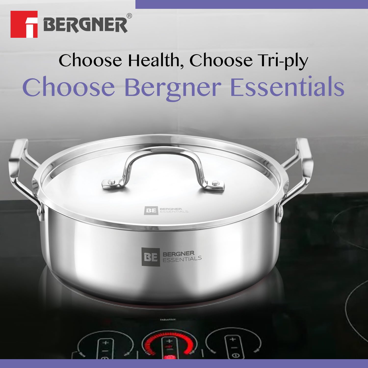 28cm BERGNER ESSENTIALS Tri-Ply Stainless Steel Plain Shaped Biryani Pot with Lid ALM6525
