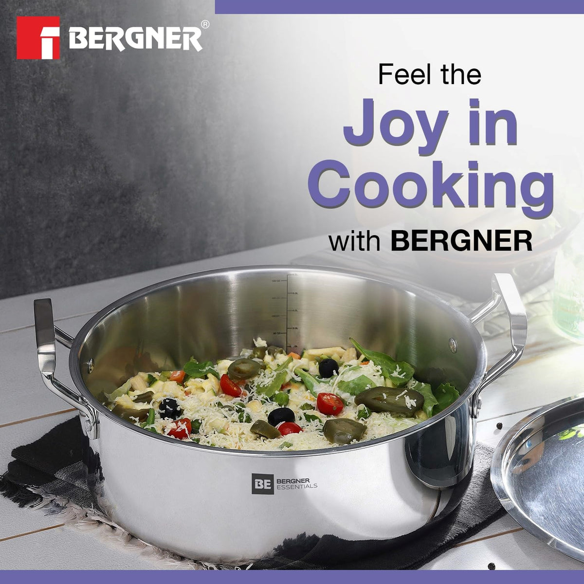 28cm BERGNER ESSENTIALS Tri-Ply Stainless Steel Plain Shaped Biryani Pot with Lid ALM6525
