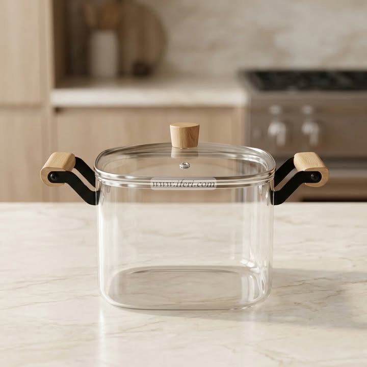 5 Liter Heat Resistant Borosilicate Glass Cooking Pot with Wooden Handle OMR2291