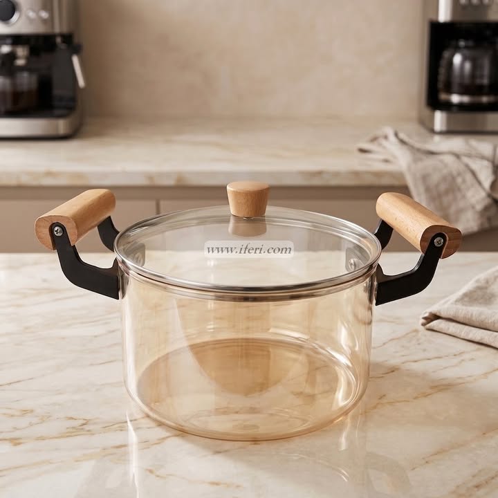 2.5 Liter Heat Resistant Borosilicate Glass Cooking Pot with Wooden Handle OMR2285