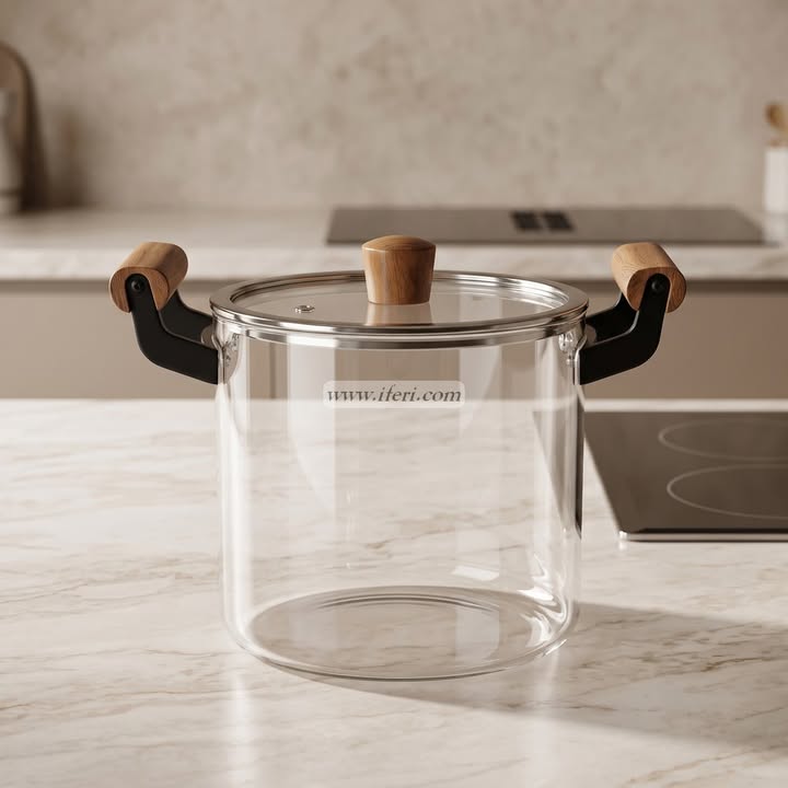 5 Liter Heat Resistant Borosilicate Glass Cooking Pot with Wooden Handle OMR2287
