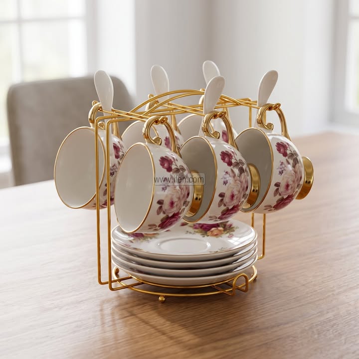 6 Pcs Ceramic Tea Cup & Saucer Set with Stand CK4004 (সেল)
