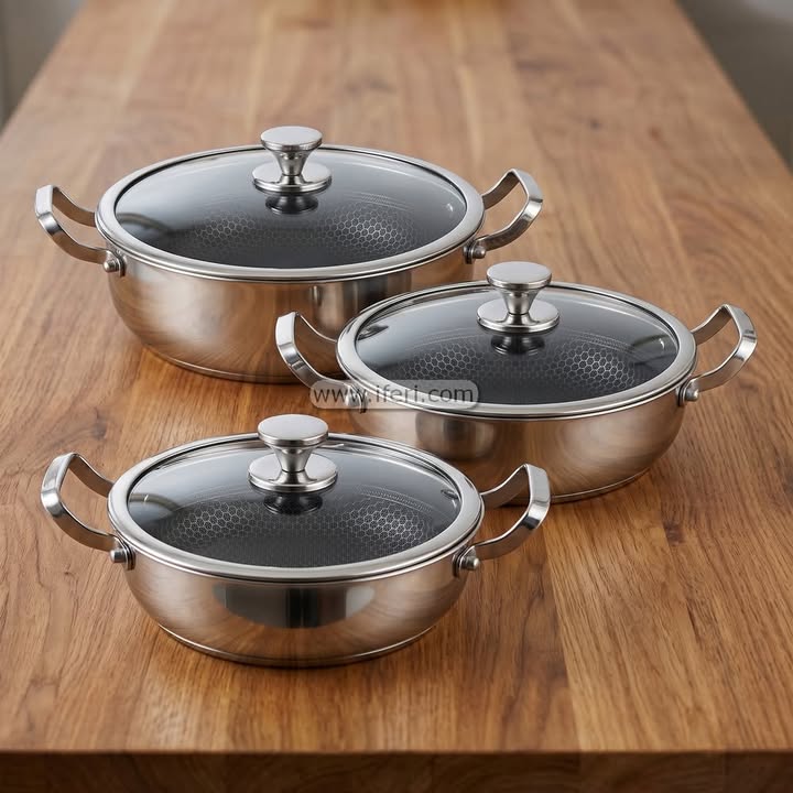 3 Pcs Honeycomb Stainless Steel Shallow Cookware Casserole Set with Lid CK4056