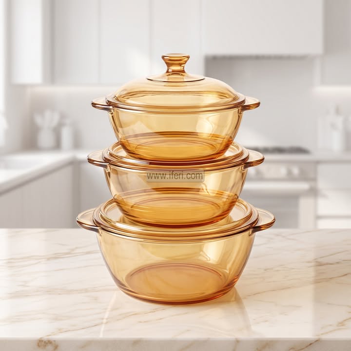 3 Pcs Tempered Glass Round Shaped Casserole Set with Lid CK4082