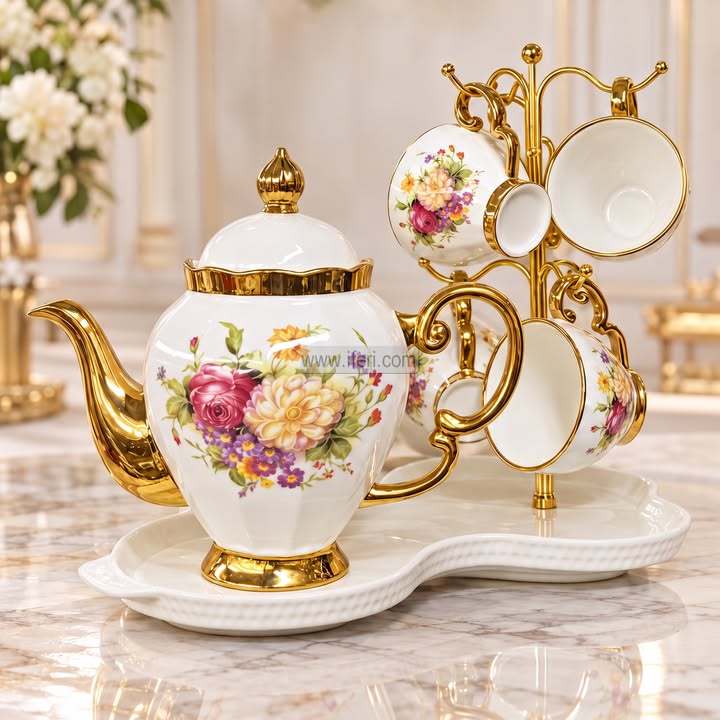 7 Pcs Exclusive Ceramic Tea Pot & Cup Set with Stand CK4103