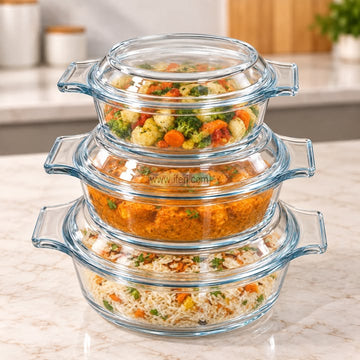 3 Pcs Tempered Glass Round Shaped Casserole Set with Lid CK4095