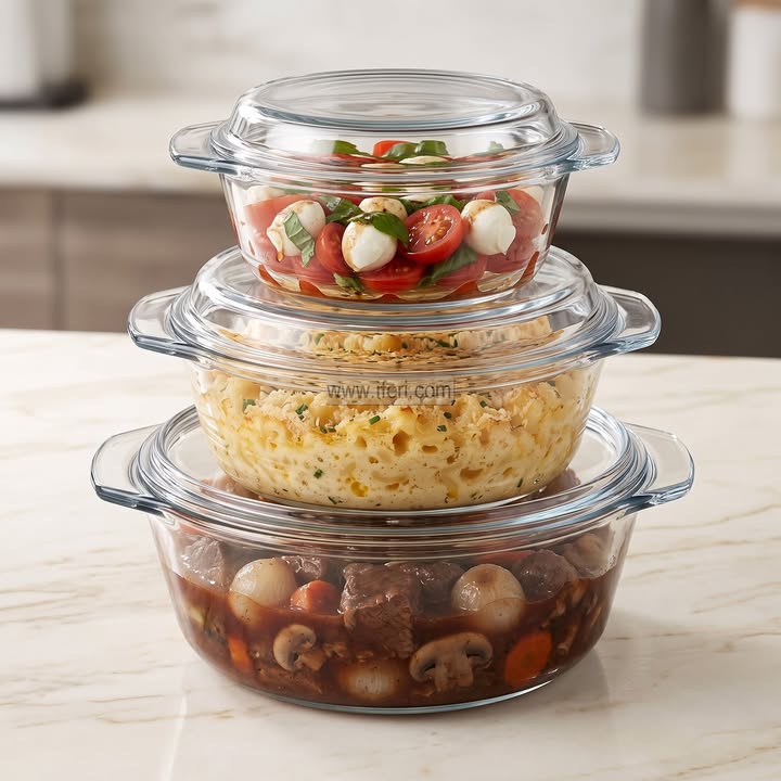 3 Pcs Tempered Glass Round Shaped Casserole Set with Lid CK4084