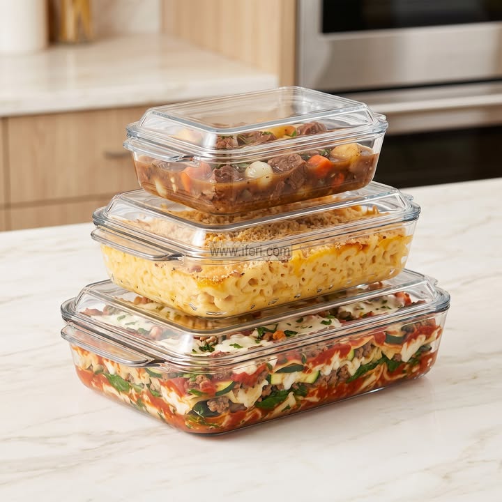 3 Pcs Tempered Glass Round Shaped Casserole Set with Lid CK4083