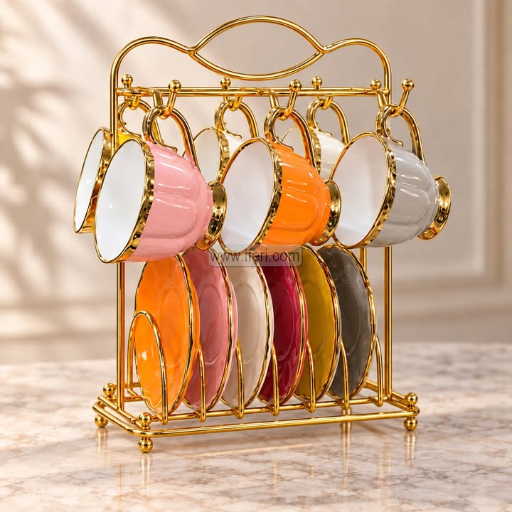 6 Pcs Multicolor Ceramic Tea Cup & Saucer Set with Stand EB21688