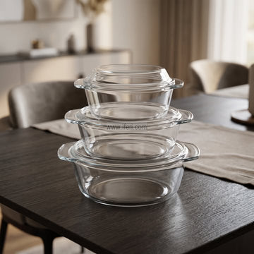 3 Pcs Oven Proof Round Shaped Tempered Glass Casserole Set with Lid RY37022