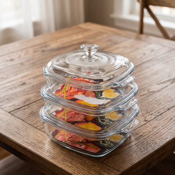3 Pcs Oven Proof Tempered Glass Casserole Set with Lid RY37020