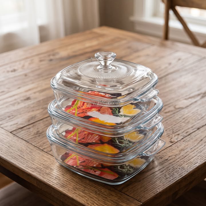 3 Pcs Oven Proof Tempered Glass Casserole Set with Lid RY37020