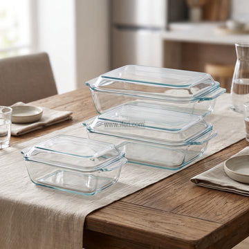 3 Pcs Oven Proof Rectangle Shaped Tempered Glass Casserole Set with Lid RY37021