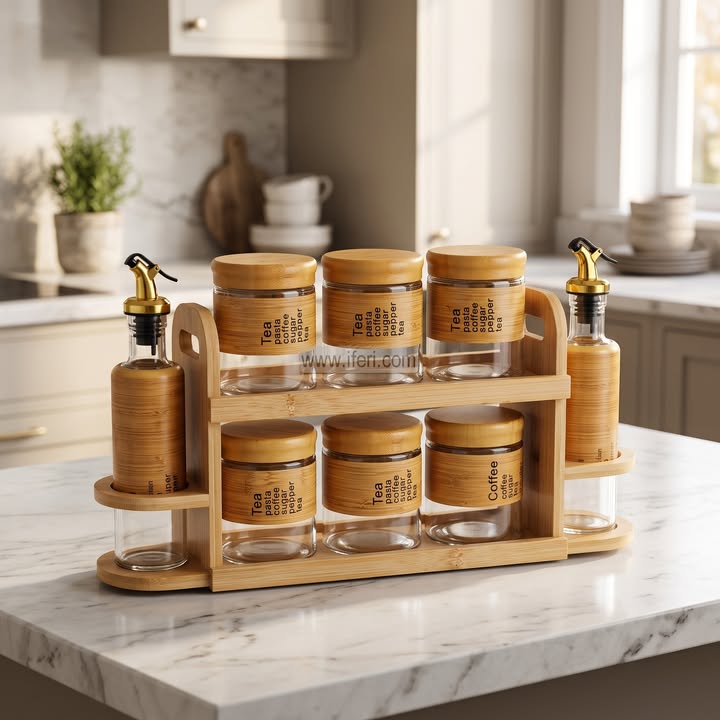 8 Pcs Glass Tea, Sugar Pot, Oil Vinegar Jar Set with Stand BS222