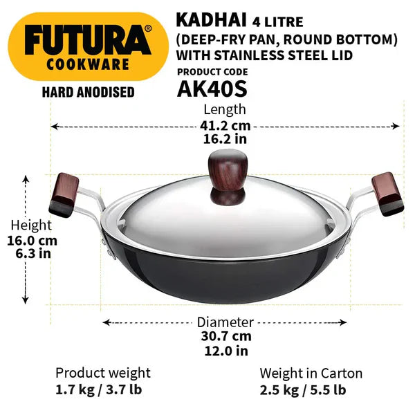 4 Liter Futura Hard Anodised Karai, Cookware with SS Lid SRC010