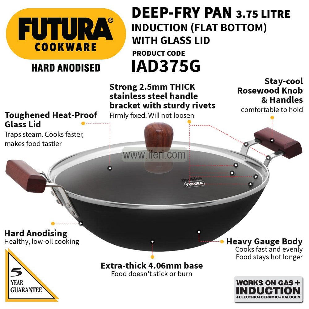 3.75 Liter Futura Hard Anodised Induction Based Kadhai, Cookware with Glass Lid ALM6902