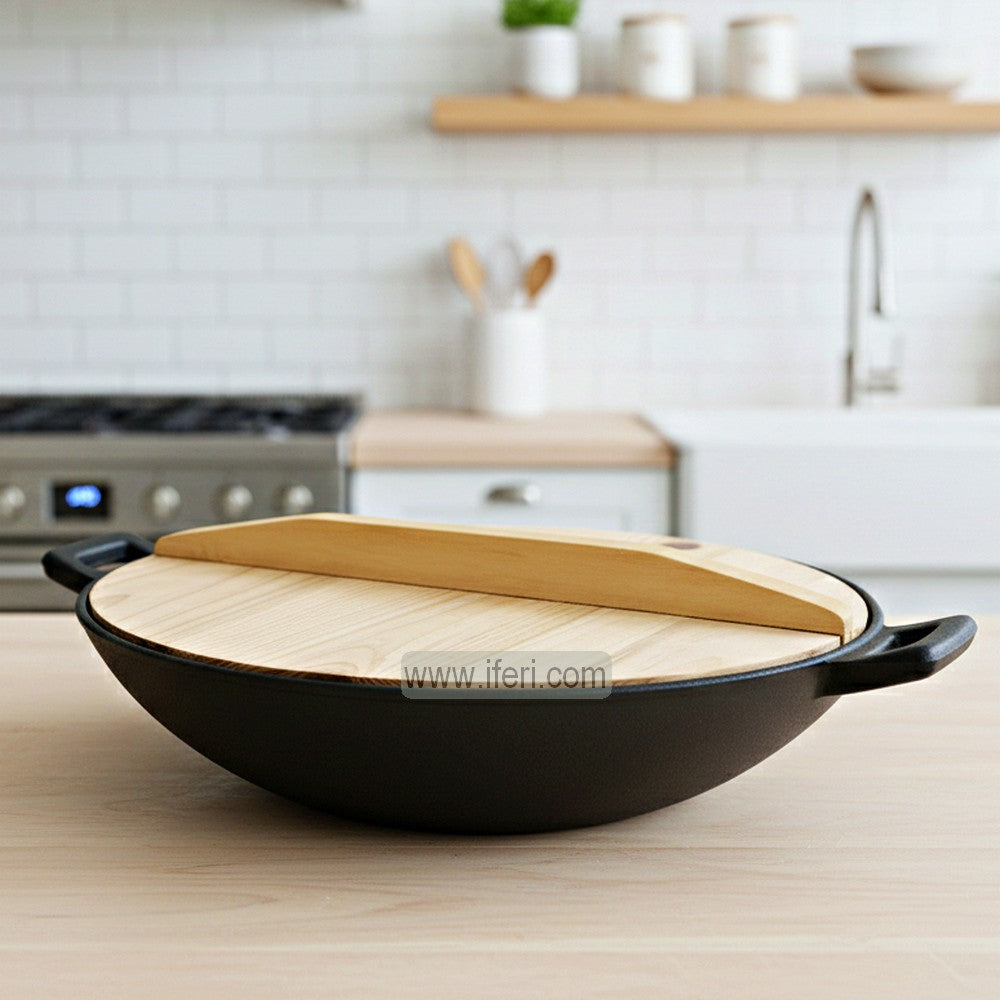 30cm Premium Quality Cast Iron Shallow Cookware / Karai with Wooden Lid ALM6952